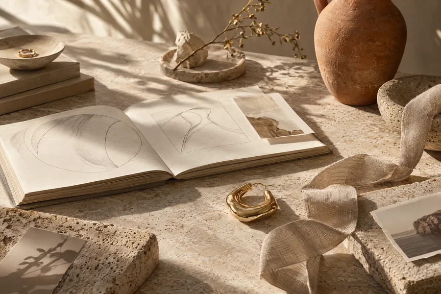 editorial concept in a warm, tactile jewelry setting