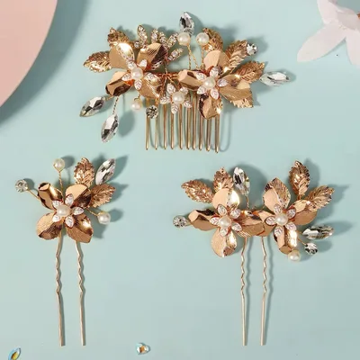 Golden flower bridal hair combs and pins set — product image 1