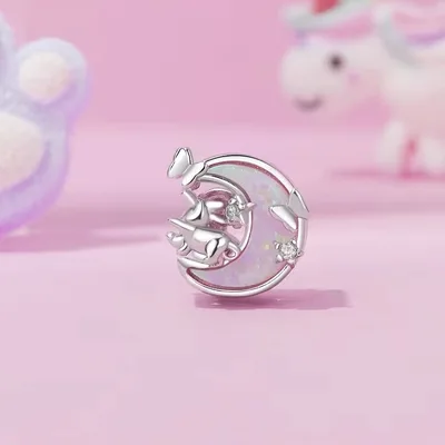Cat on moon opal bead charm for bracelet — product image 1