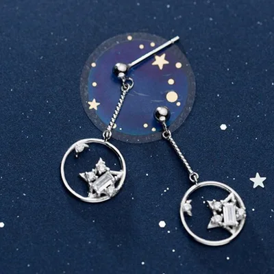 Star circle dangle drop earrings in sterling silver — product image 1