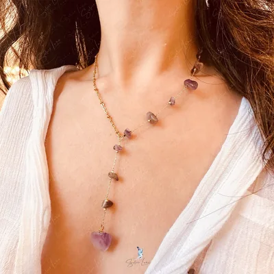 Healing Amethyst raw stone lariat Y stainless steel necklace — product image 1