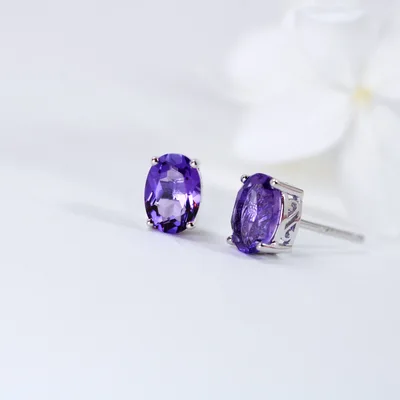 Oval natural Amethyst sterling silver stud earrings — product image 1