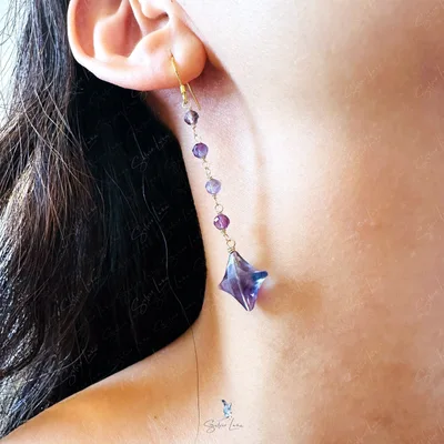 Fluorite star and amethyst beads dangle drop earrings — product image 1