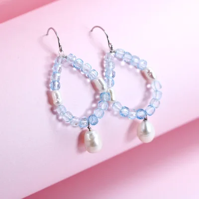 Aquamarine and fresh water pearl teardrop bridal earrings — product image 1