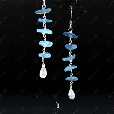 Aquamarine teardrop moonstone cascade silver earrings — product image 1