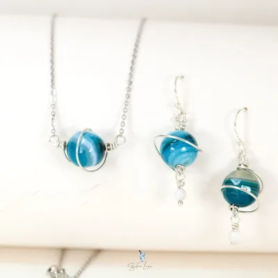 Blue agate planet sterling silver dangle drop earrings and pendant necklace — product image 1