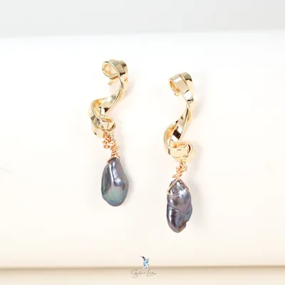 Blue pearl gold plated twist wave dangle drop earrings — product image 1