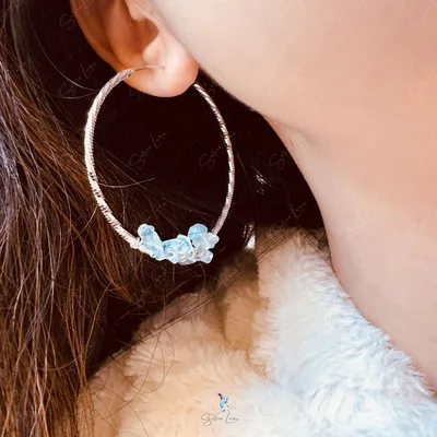 Blue Aquamarine chip stones sterling silver hoop earrings — product image 1