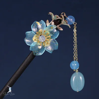 Blue flower Japanese wooden hair stick — product image 1