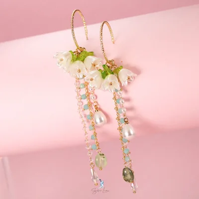 Lily flowers natural stone long drop fashion earrings — product image 1