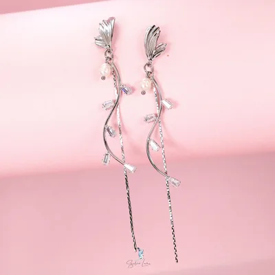 Butterfly cubic zirconia leaves long drop earrings — product image 1