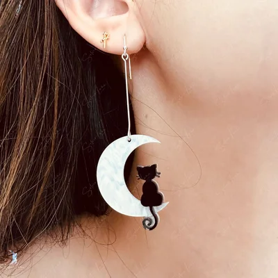 Cat on moon sterling silver earrings — product image 1