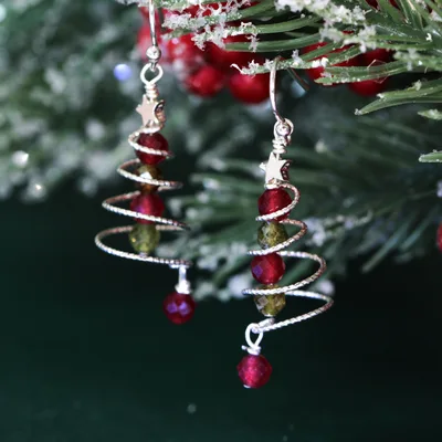 Red ruby and green garnet Christmas tree silver earrings — product image 1