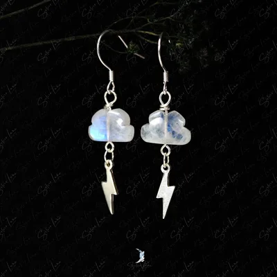 Rainbow moonstone cloud and lightning dangle drop earrings — product image 1