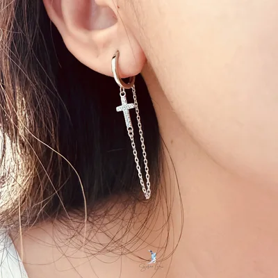 Cross with chain hoop earrings in sterling silver — product image 1