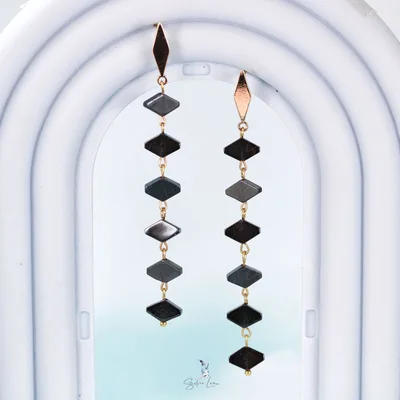 Black diamond Hematite beads long drop earrings — product image 1