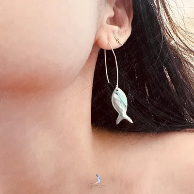 Shell fish on hook dangle drop earrings — product image 1