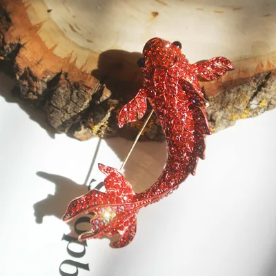 Lucky red carp fish rhinestone brooch pin — product image 1