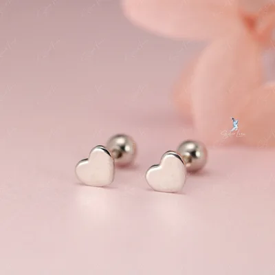 Flat heart screw ball sterling silver stud earrings — product image 1