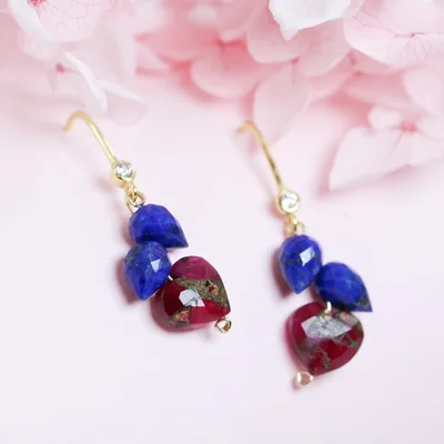 Pink turquoise lapis lazuli natural stone heart earrings — product image 1