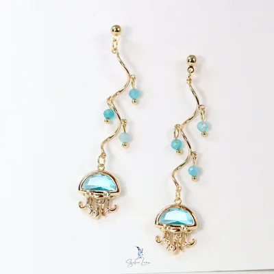 Jellyfish blue chalcedony beaded dangle drop earrings — product image 1