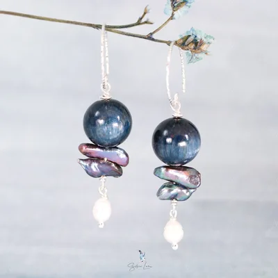 Kyanite bead freshwater pearls drop sterling silver earrings — product image 1