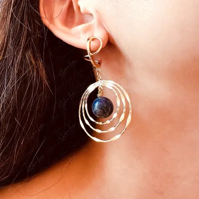 Abstract circles blue earthy Lapis Lazuli gold plated earrings — product image 1