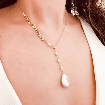 Lariat necklace with freshwater baroque pearls drop — product image 1