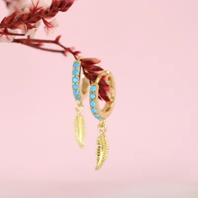 Gold plated blue cubic zirconias leaf hoop earrings — product image 1