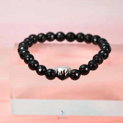 Agates stone beaded bracelet with meting heart sterling silver charm — product image 1