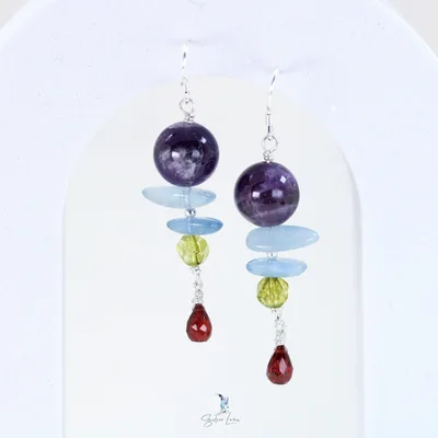 Amethyst, aquamarine, peridot, red garnet multi gemstone earrings — product image 1