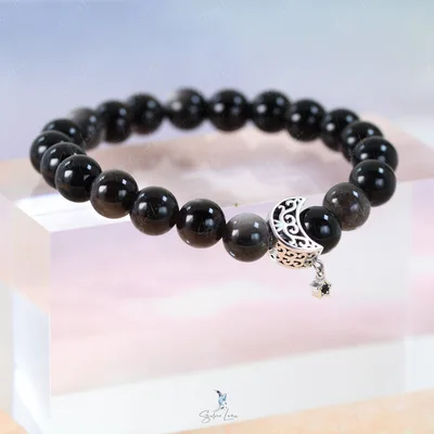 Sterling silver moon charm gray obsidian beaded bracelet — product image 1