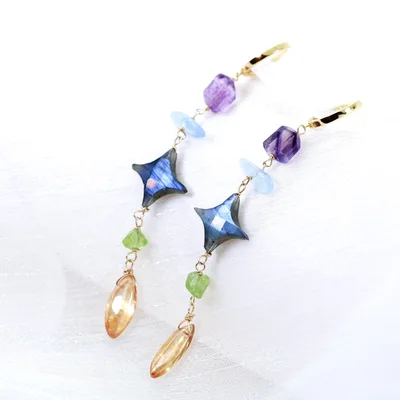 Multi gemstones star labradorite long drop earrings — product image 1