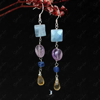 Aquamarine, purple quartz, kyanite, teardrop citrine earrings — product image 1