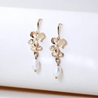 Orchid flower freshwater pearl drop bridal earrings — product image 1