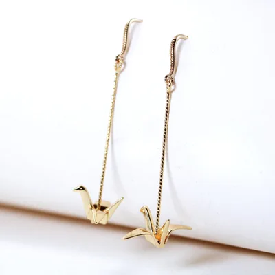 Origami paper crane gold plate dangle drop earrings — product image 1