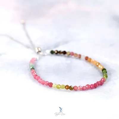 Rainbow tourmaline natural stone beaded silver bracelet — product image 1