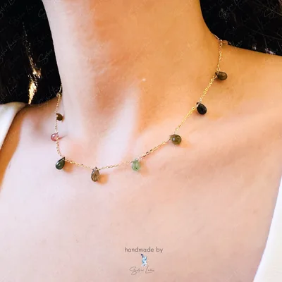 Teardrop rainbow tourmaline sterling silver choker necklace — product image 1