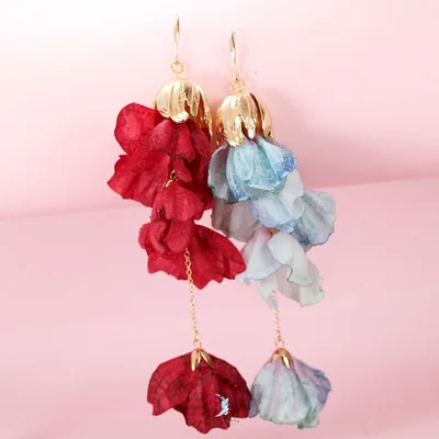 Gold plated fabric flower long drop fashion earrings — product image 1