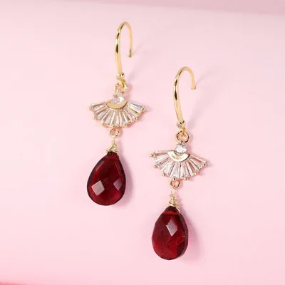 Teardrop red garnet and fan dangle drop earrings — product image 1