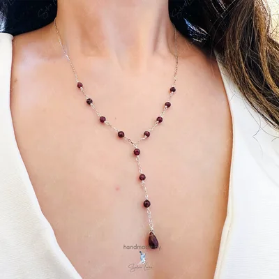 Red Garnet beads teardrop Y Lariat pendant necklace — product image 1