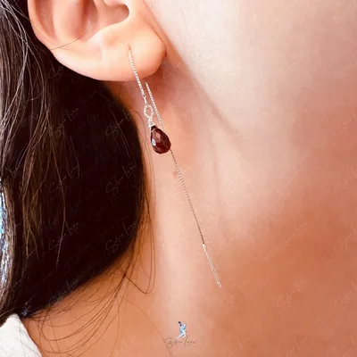 Red garnet teardrop ear threader earrings — product image 1
