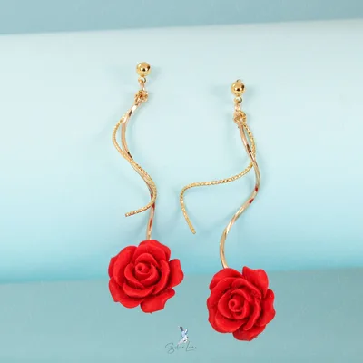 Red rose dangle drop earrings — product image 1