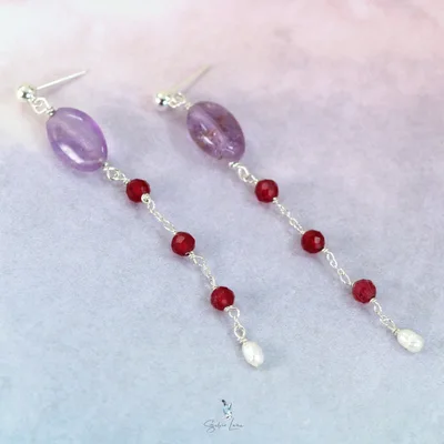 Quartz red ruby stones freshwater pearl drop cascade earrings — product image 1