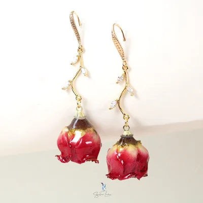 Real rose flower gold plated earrings — product image 1