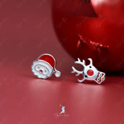 Santa Claus and reindeer sterling silver stud earrings — product image 1