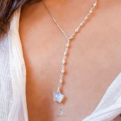 Rainbow moonstone star lariat necklace in sterling silver — product image 1