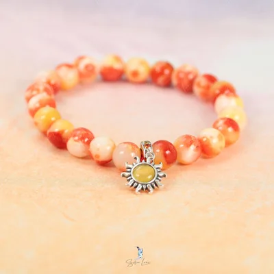 Orange Persian jades stone beaded silver sun charm bracelet — product image 1