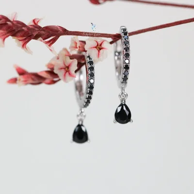 Black cubic zirconia teardrop hoop sterling silver earrings — product image 1