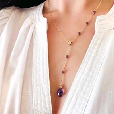 Teardrop Amethyst lariat pendant necklace in sterling silver — product image 1
